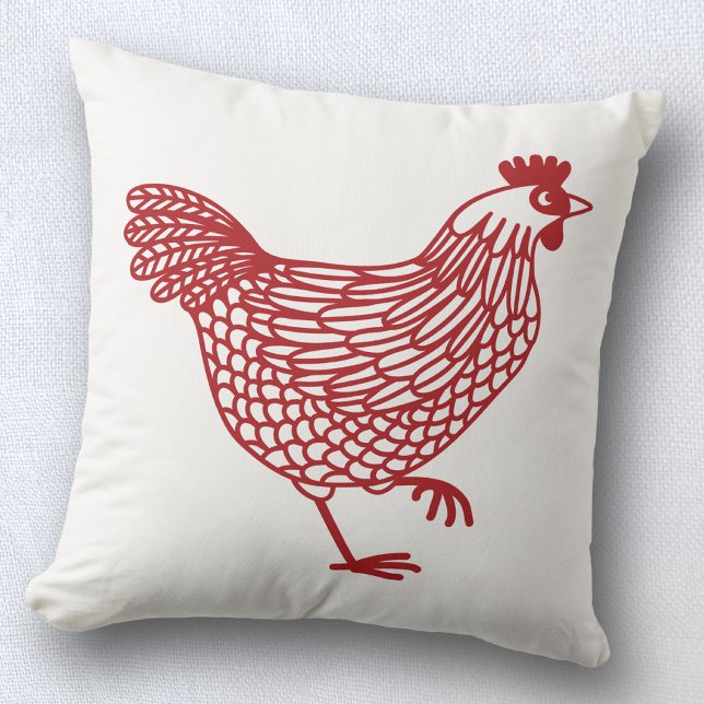 Chicken Hen Poultry Red and White Throw Pillow (Chicken hen poultry lover pillow )