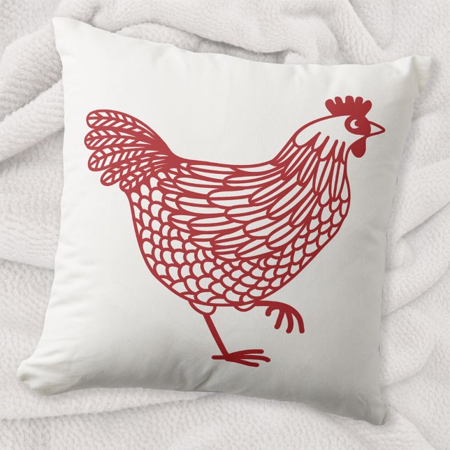 Chicken Hen Poultry Red and White Throw Pillow (Red and white hen chicken poultry art throw pillow)