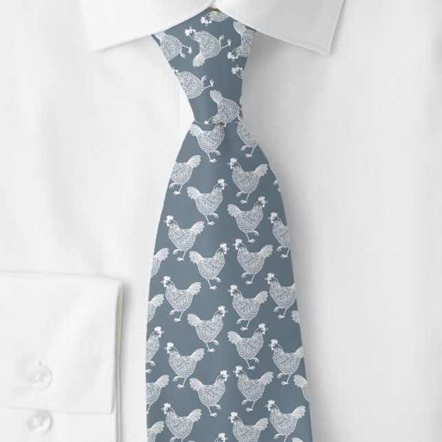 Chicken Hen Poultry Tie (Chicken hen poultry pattern dusty blue and white neck tie)