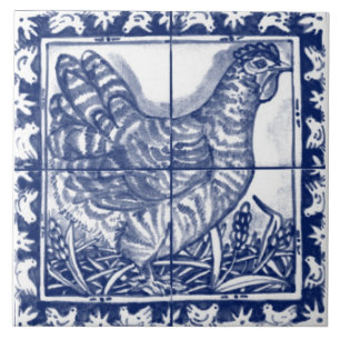Chicken Hen Rustic Blue White Delft Dedham Vintage Tile