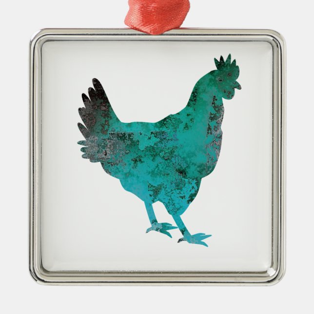 Chicken Hen Teal Blue on White Background Metal Ornament (Front)