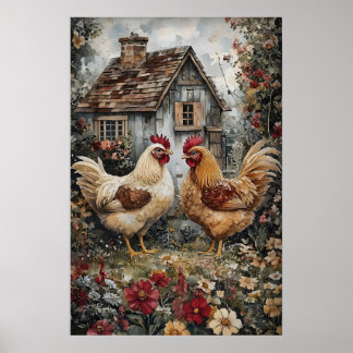 Chicken In Flowers Printable, Easter Cottagecore Poster