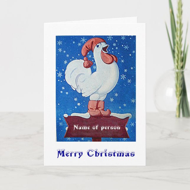 Chicken in red hat singing in Christmas snow card (Front)