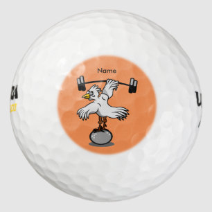 Chicken lifting weights golf balls