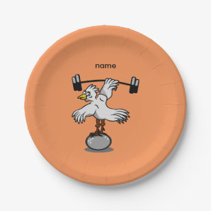 Chicken lifting weights paper plate