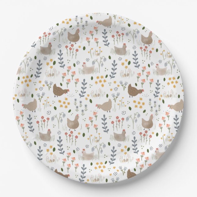 Chicken Lovers Farmyard Animal Floral Party Paper Plate (Front)