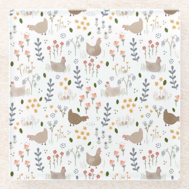 Chicken Lovers Farmyard Animal Pretty Floral Glass Coaster (Front)