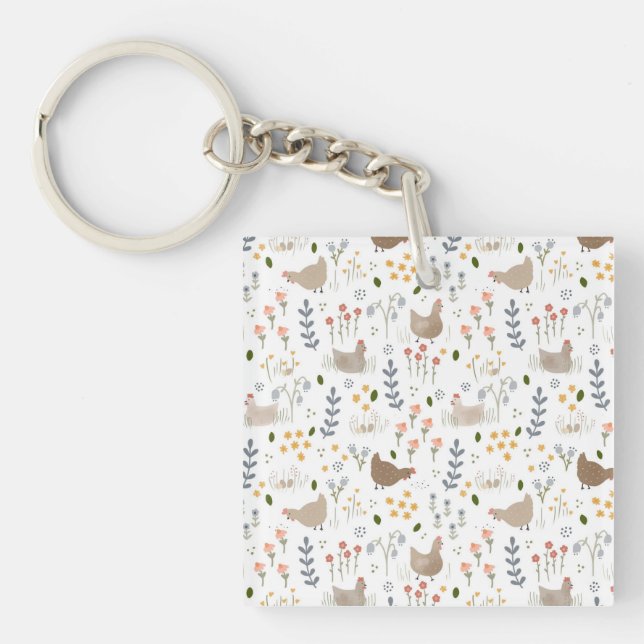 Chicken Lovers Farmyard Animal Pretty Floral Keychain (Front)