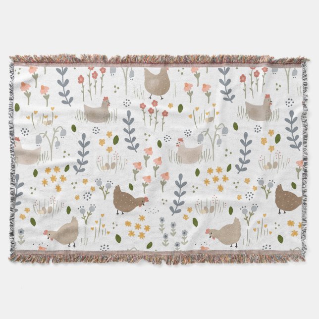 Chicken Lovers Farmyard Animal Pretty Floral Throw Blanket (Front)
