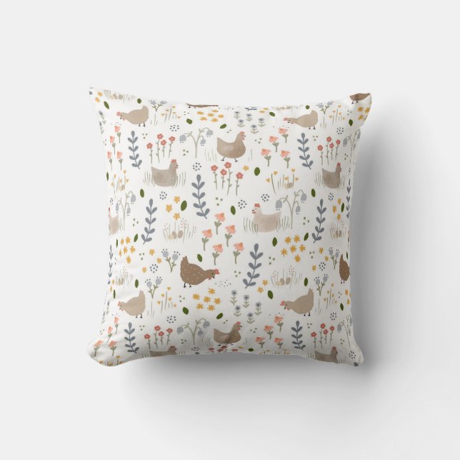 Chicken Lovers Farmyard Animal Pretty Floral Throw Pillow (Front)