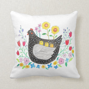 Chicken mama hen with three baby Chicks Farm House Throw Pillow
