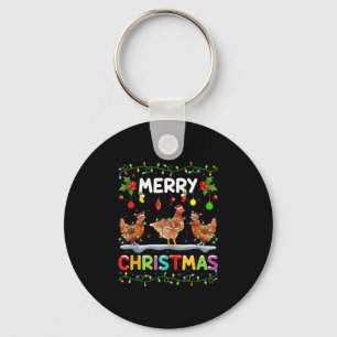 Chicken Merry Christmas Lights Santa Hat Funny Chi Keychain