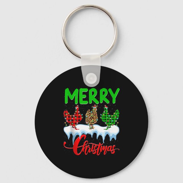 Chicken Merry Christmas Pajamas Leopard Buffalo Pl Keychain (Front)