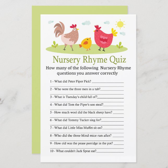 Chicken Nursery Rhyme Quiz baby shower game (Front/Back)