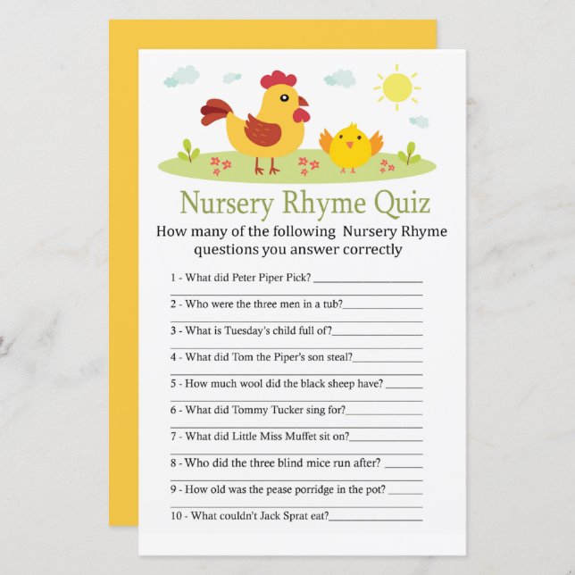 Chicken Nursery Rhyme Quiz baby shower game (Front/Back)