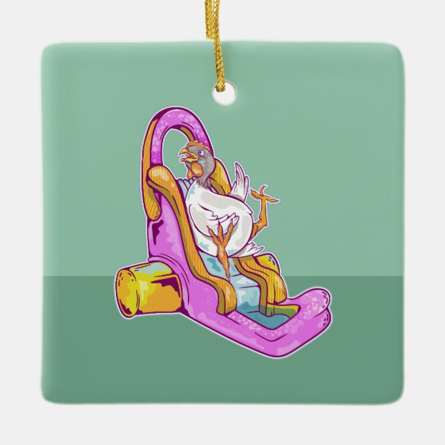 Chicken on a waterslide ceramic ornament (Front)