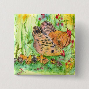 Chicken Painting Rooster Hen Birds Watercolor 2 Inch Square Button