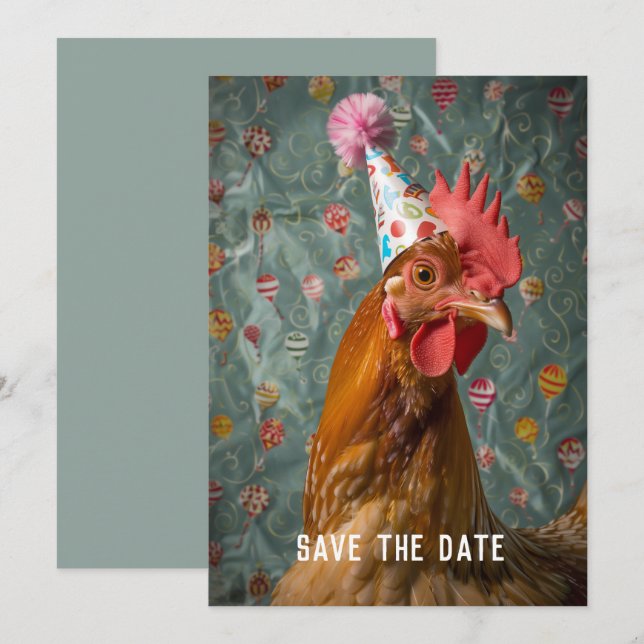 Chicken Party Hat Save The Date (Front/Back)