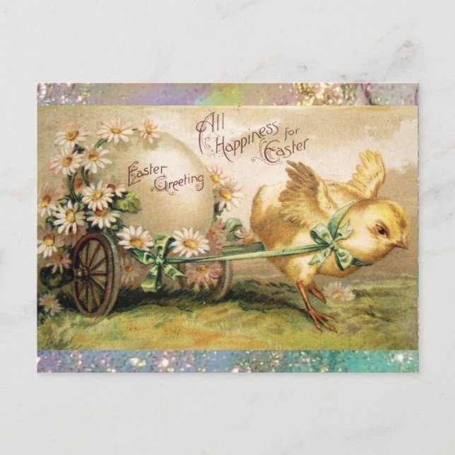 CHICKEN PULLING EASTER EGG  WITH HAND CART HOLIDAY POSTCARD (Front)