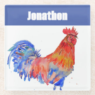 Chicken Rooster Bird Kids Boys Name Blue Red Glass Coaster