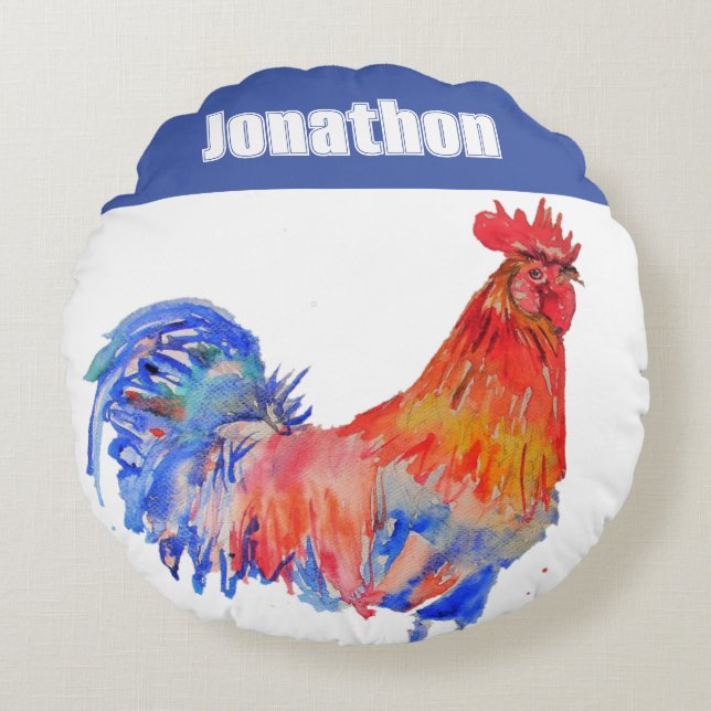 Chicken Rooster Bird Kids Boys Name Blue Red Round Pillow (Front)