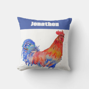 Chicken Rooster Bird Kids Boys Name Blue Red Throw Pillow