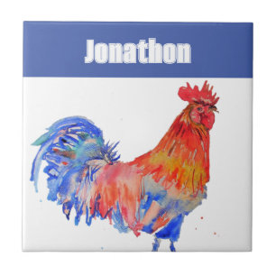 Chicken Rooster Bird Kids Boys Name Blue Red Tile