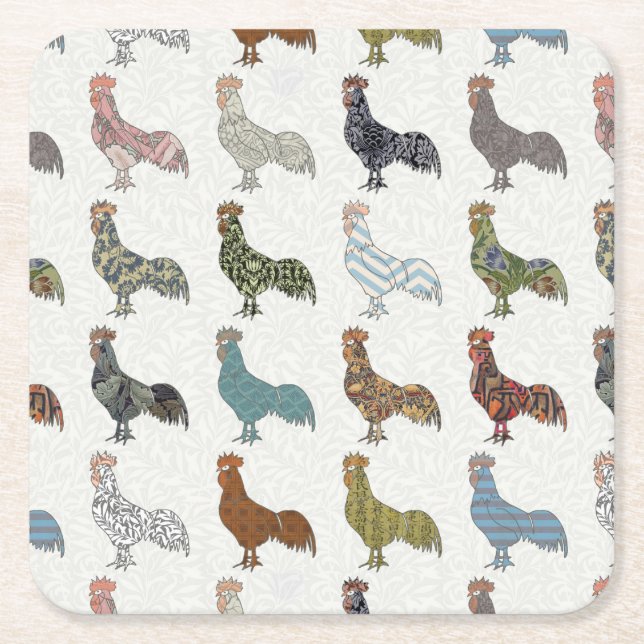 Chicken Rooster Colourful Pattern Farm Square Paper Coaster (Front)
