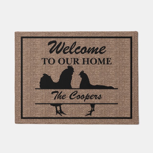 Chicken Rooster Family Split Monogram Burlap Doormat (Front)