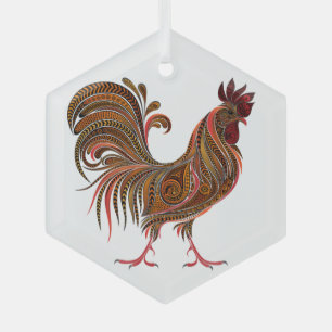  Chicken Rooster Gaphic Art Design  Glass Ornament