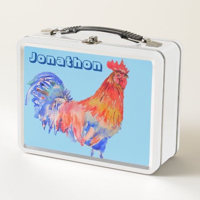 Chicken Rooster Watercolour Chids Name Lunch Box (Front)