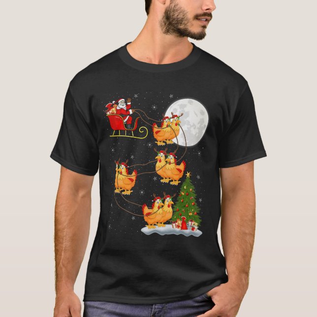 Chicken Santa Sleigh Flying Funny Magical Christma T-Shirt (Front)