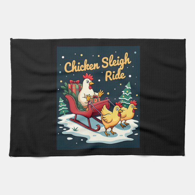Chicken Sleigh Ride Kitchen Towel (Horizontal)
