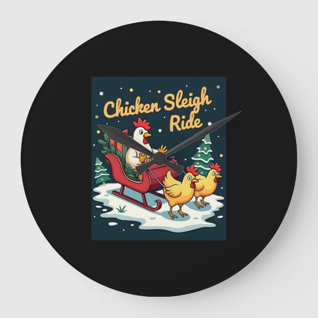 Chicken Sleigh Ride Large Clock (Front)