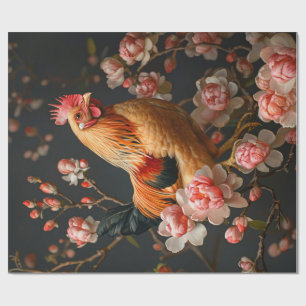 Chicken Surrounded by Pink Flowers Decoupage Wrapping Paper