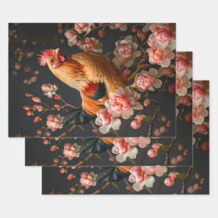 Chicken Surrounded by Pink Flowers Decoupage Wrapping Paper Sheet