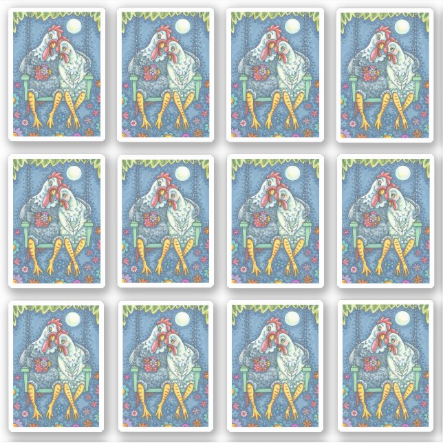 CHICKEN SWEETHEARTS, HEN & ROOSTER ON PORCH SWING (Front)