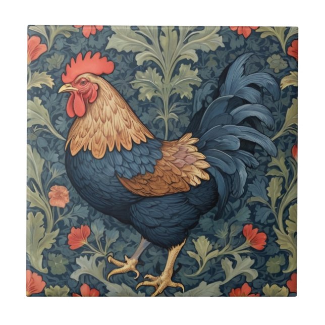 Chicken William Morris style Left facing Rooster Tile (Front)