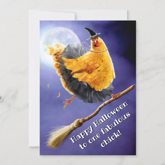 Chicken Witch on Broomstick Invitation (Front)