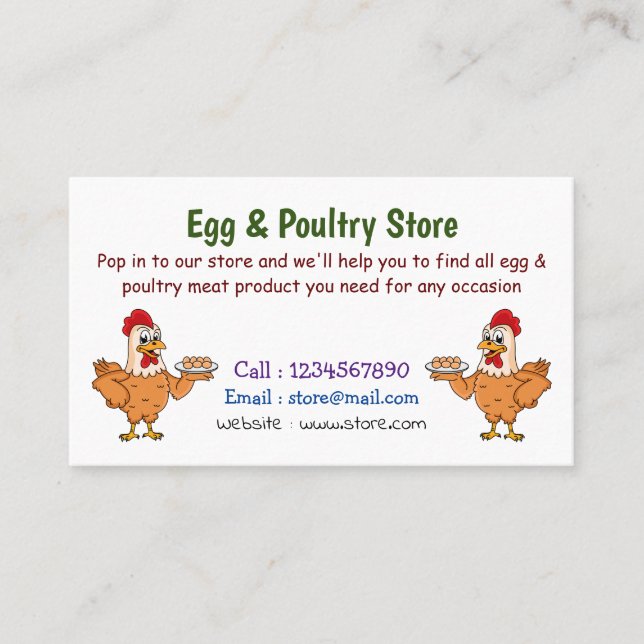 Chicken with eggs on plate cartoon business card (Front)