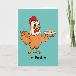 Chicken with eggs on plate cartoon card