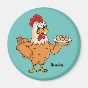 Chicken with eggs on plate cartoon magnet