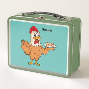 Chicken with eggs on plate cartoon metal lunch box