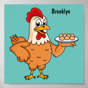Chicken with eggs on plate cartoon poster