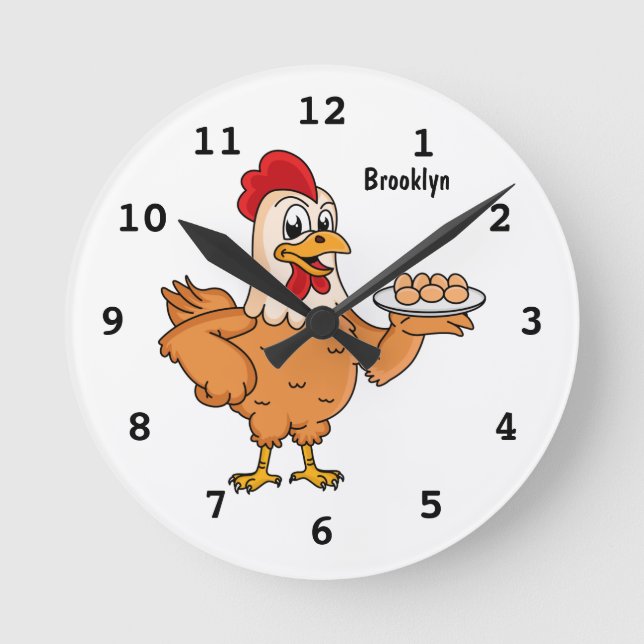 Chicken with eggs on plate cartoon round clock (Front)