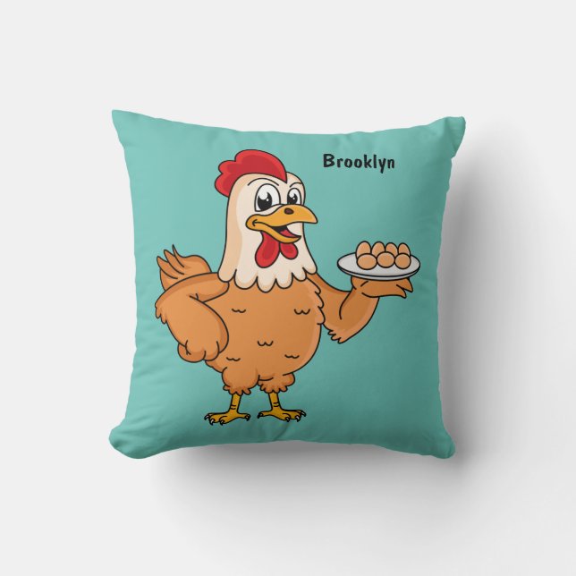 Chicken with eggs on plate cartoon throw pillow (Front)