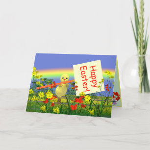 Chicken with Happy Easter Sign Holiday Card