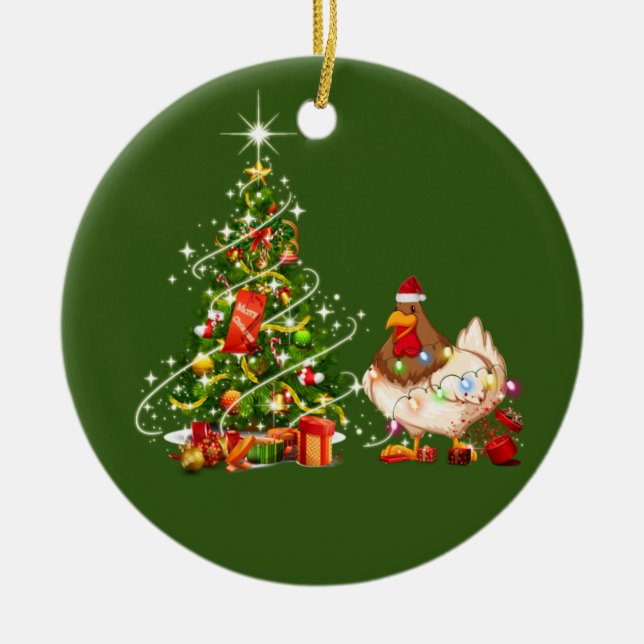 Chicken With Hat LIGHTS  Christmas Ceramic Ornament (Front)