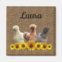 Chicken Your Name Silkie Sunflowers Burlap