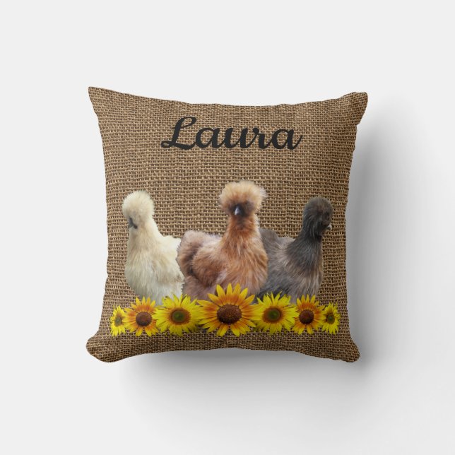 Chicken Your Name Silkie Sunflowers Burlap Throw Pillow (Front)